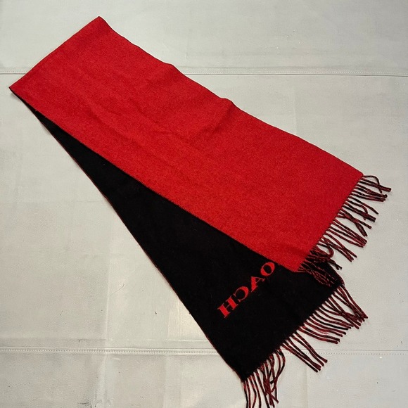 Coach Wool Cashmere Scarf Red Black Bi-Color Logo Reversible Fringe Logo Men - Picture 1 of 11